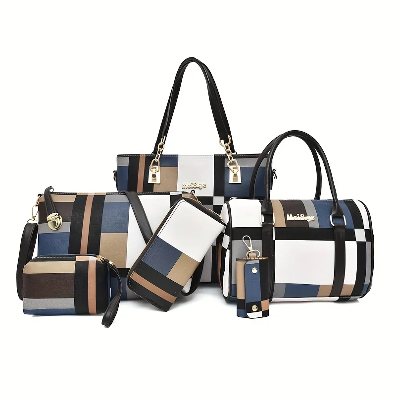 Classic Plaid Pattern Bag Sets, Trendy Tote Bag With Handbag & Shoulder Bag & Clutch Bag & Wallets