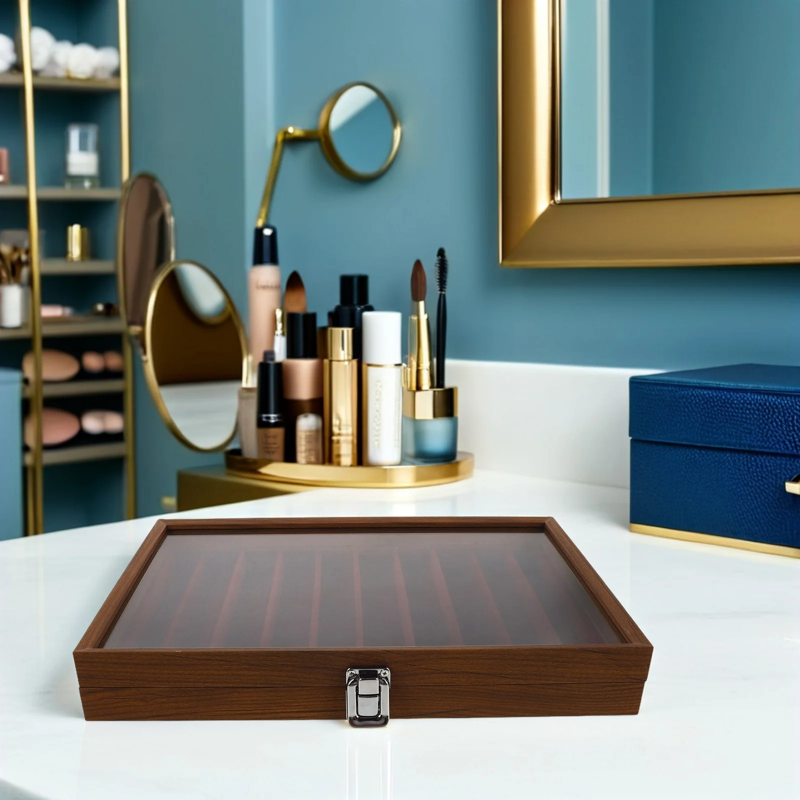 

1pc Wooden Jewelry Storage Box Glass Top Necklace Organizer Tray Anti-Tangle Design For Long Necklaces Bracelets Pendant