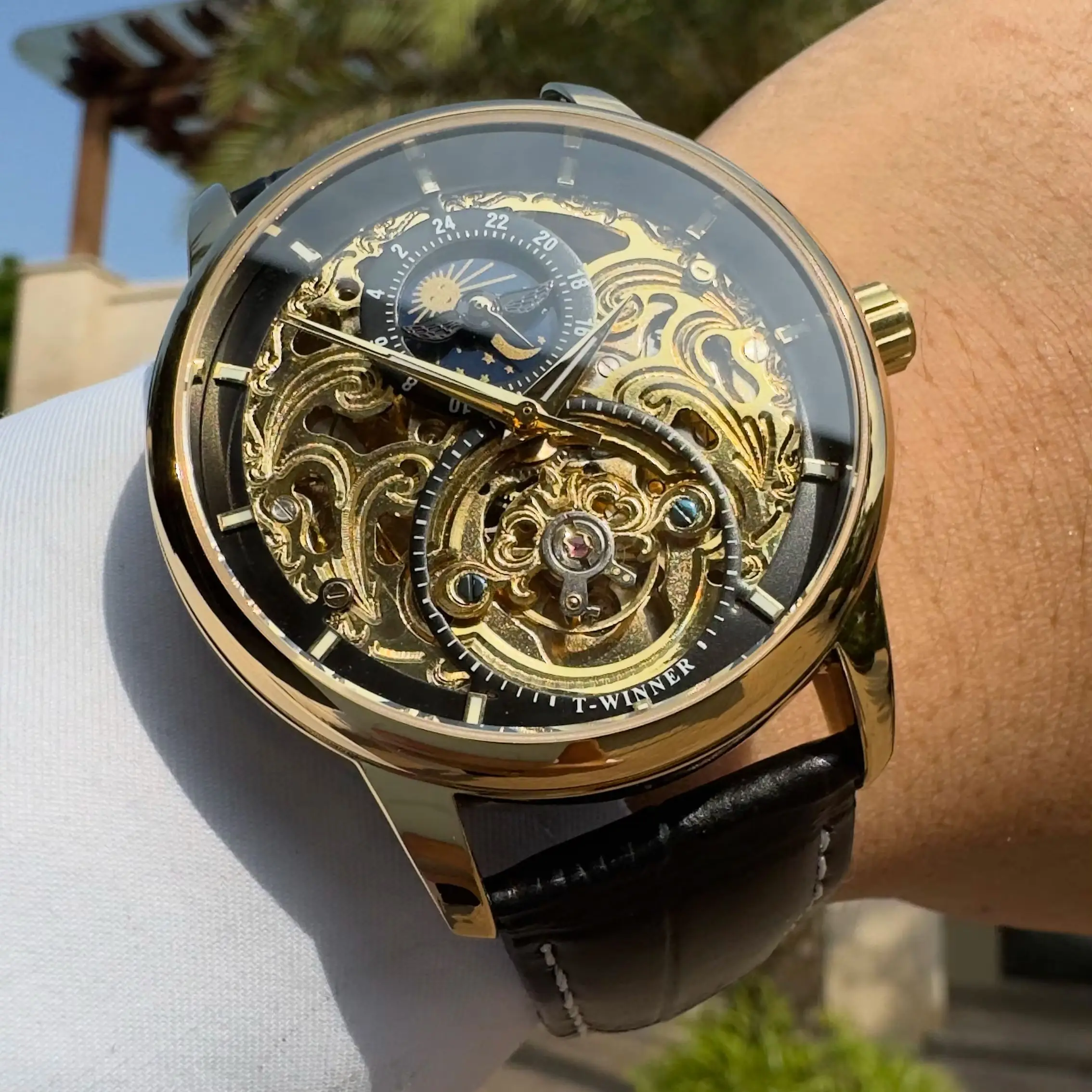WINNER Retro Tourbillon Skeleton Automatic Mechanical Watch for Men Moon Phase Mens Watches Top Brand Luxury Leather Strap New