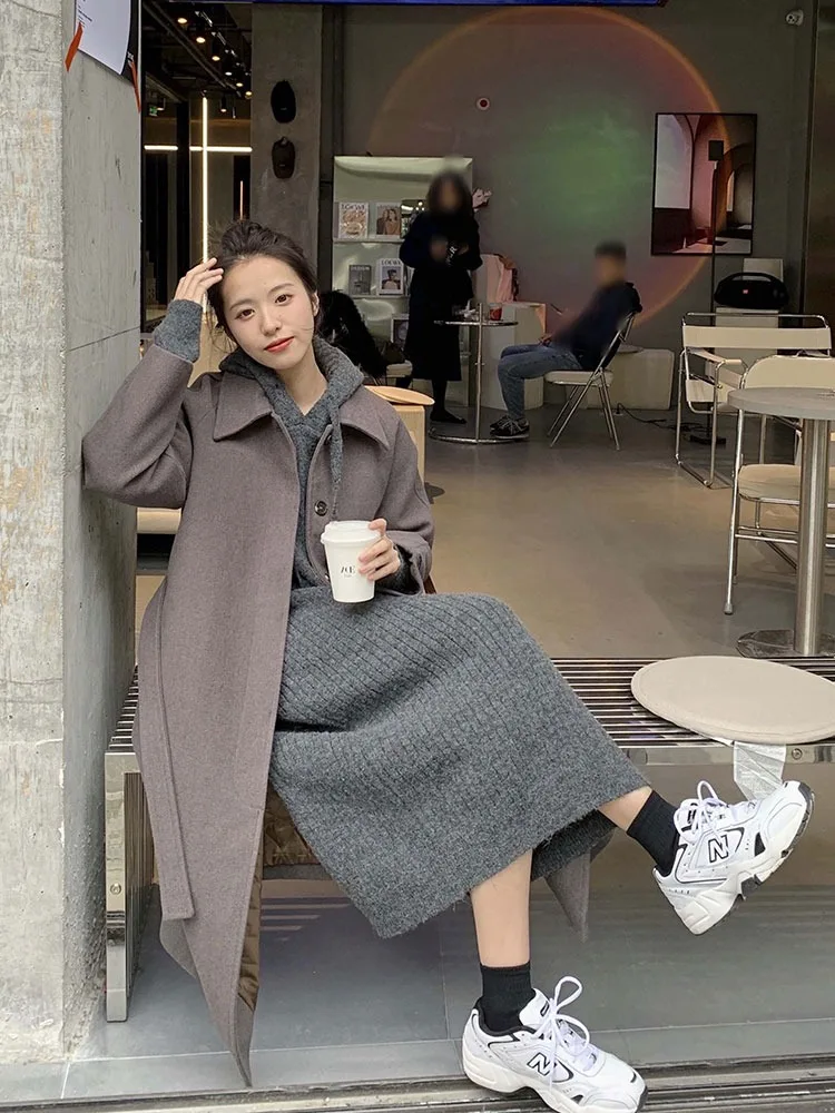 Coréen Sle automne hiver à capuche tricoté Dr ample mi-long sur le genou couche de Base femmes Faion pull Dr