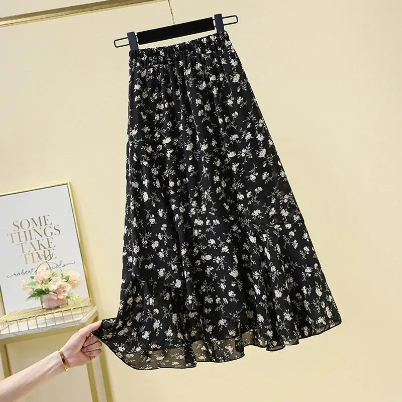 レディース シフォン 花柄 Aライン スカート ミドル丈 ウエストゴム 軽量 通気性 デイリー カジュアル 春夏