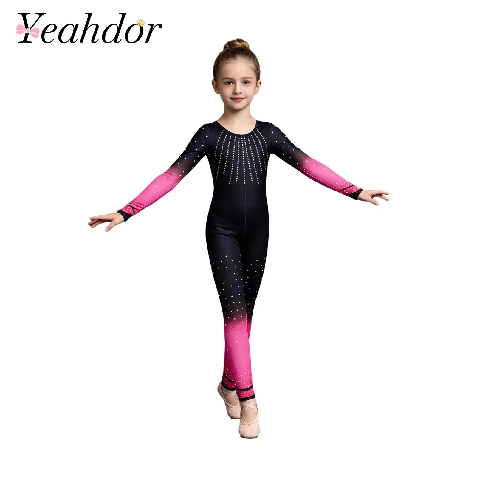 

Girls Full Body Dance Unitard Kids Dots Print Gymnastics Jumpsuit Long Sleeve Cross Cutout Back Full Length Yoga Sports Bodysuit