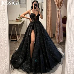 Jessica Black Glitter Prom Dresses Sexy Spaghetti Straps And High Slit Evening Dresses Tulle Princess Party Dress Customized