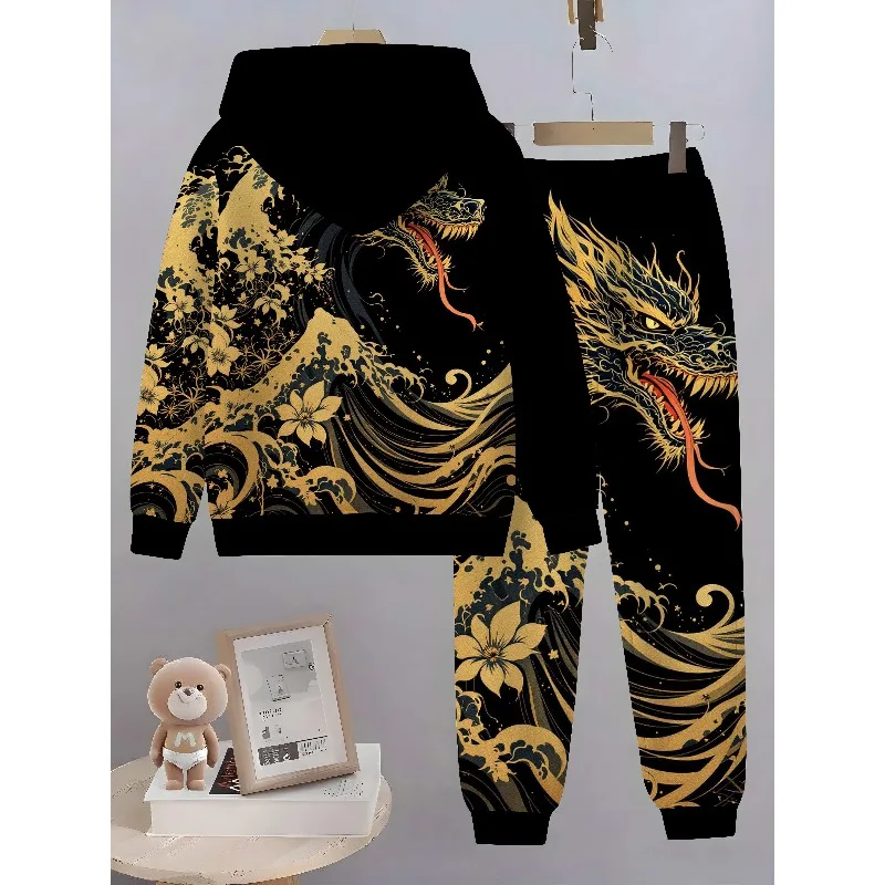2023 весна и осень, новый мужской обычный комплект с капюшоном, повседневный комплект из 2 предметов с 3D молочно-желтым узором в виде головы дракона и принтом
