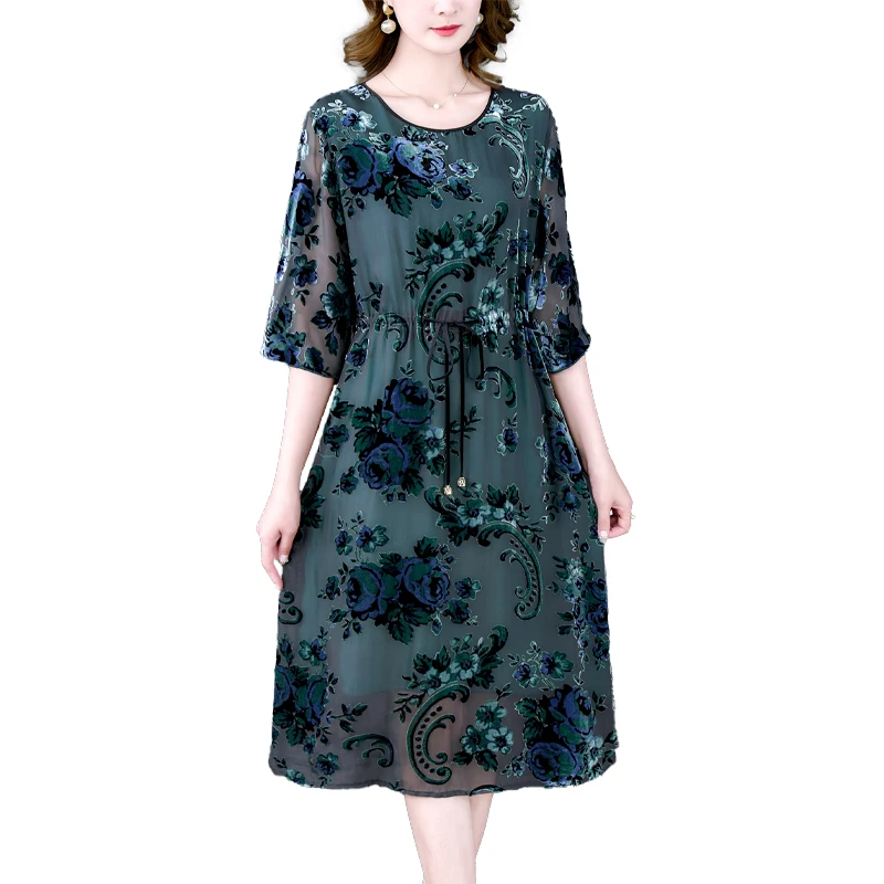 Frauen Chic Flock ing Blumen Seide Midi Kleid Herbst Jacquard hochwertige Kleid 2024 koreanische Vintage elegante Bodycon Ballkleider