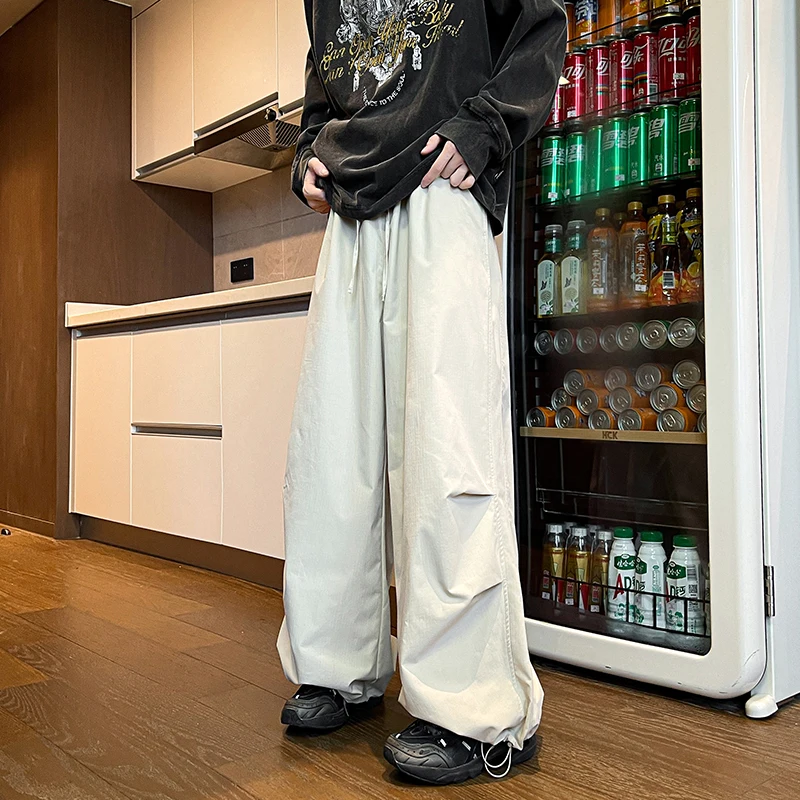 plus Size Men's Wide-leg Cargo Pants M-XXXXXXXXL Plain Color Retro Loose Multi-pocket Elastic Waist Drawstring