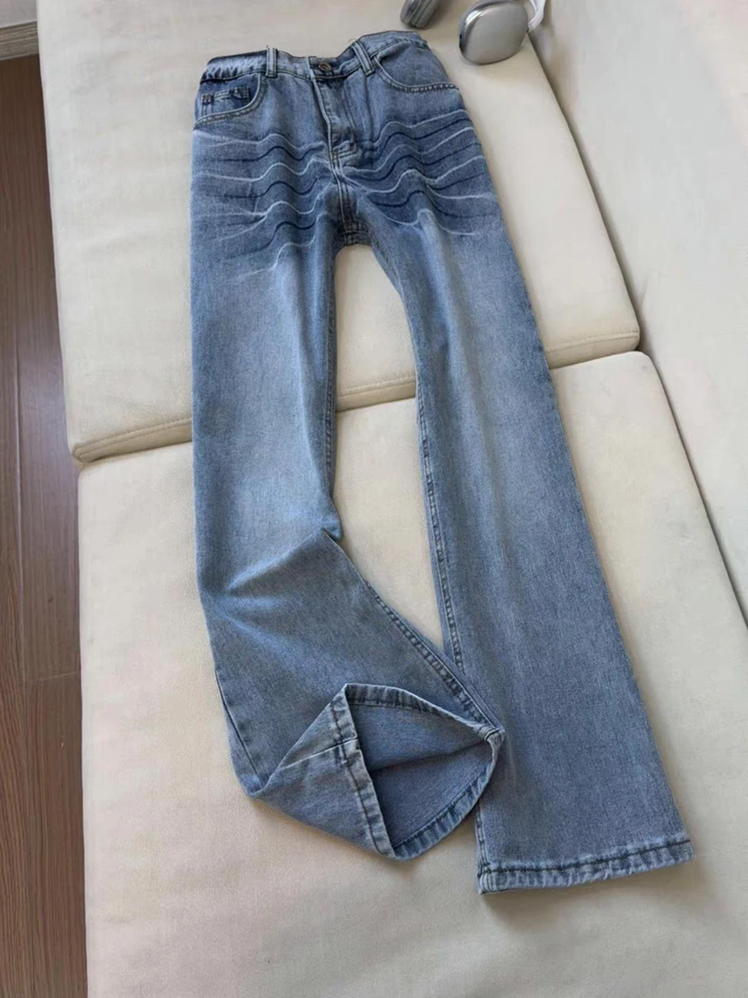 

Cleanfit American Lightning Pattern Thiened Slim Fit Men's Jeans Winter Straight Leg Pants Micro Flared Casual Wear Resistant