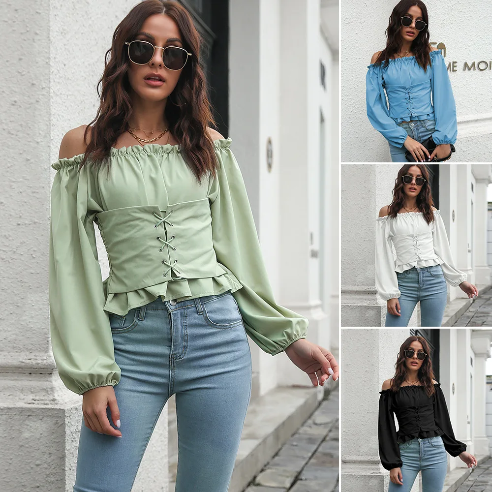 

Women Top Sexy Blouse Off Shoulder Top Long Sleeve Club Party White Shirt Lantern sleeve Ruffle Tunic Crop Top Summer Tube Top