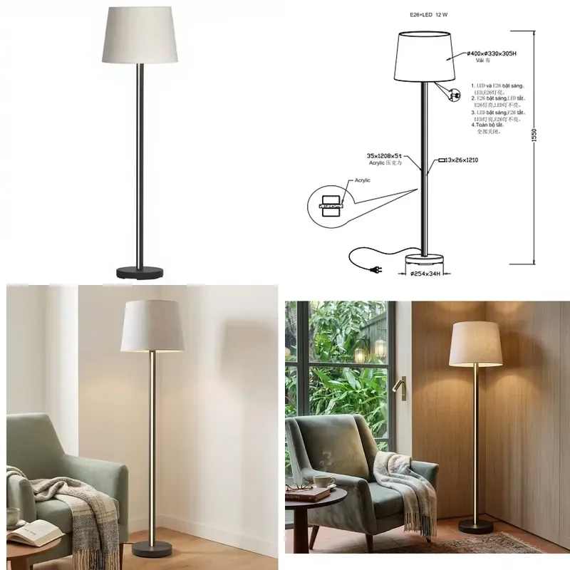 Modern Floor Lamp E26 LED 12W White Fabric Shade Metal Base Acrylic Details Cool White 1530mm Height Standing Light for