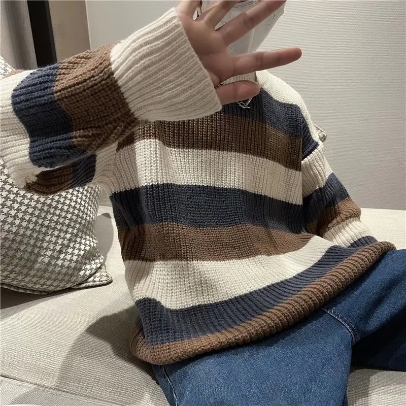

Warm Knitted Sweater Men's Loose round Ne Pullover Casual Stripe Pattern Retro Sle Thiened Polyester Fiber Autumn Winter