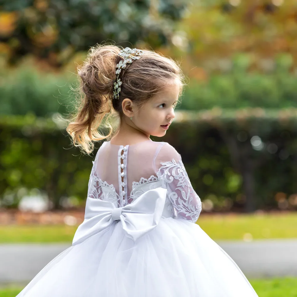 Vestido de novia de flores para niñas, traje de tul de encaje, tren largo, princesa Acebo, comunión, bautismo, ropa de fiesta de desfile