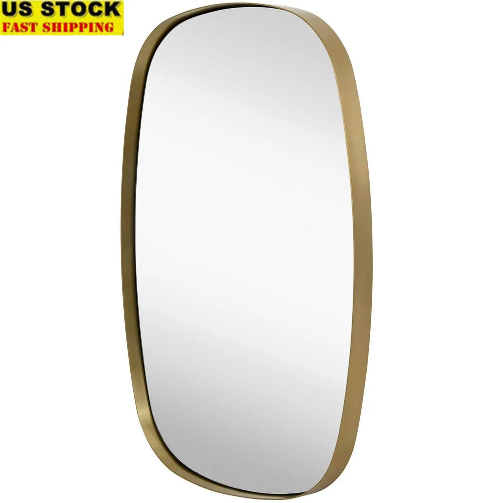 Contemporary Oval Gold Mirror Brushed Metal Frame 24x36 Inch Wall Mount Sophisticated Elegant Design Strong Installation