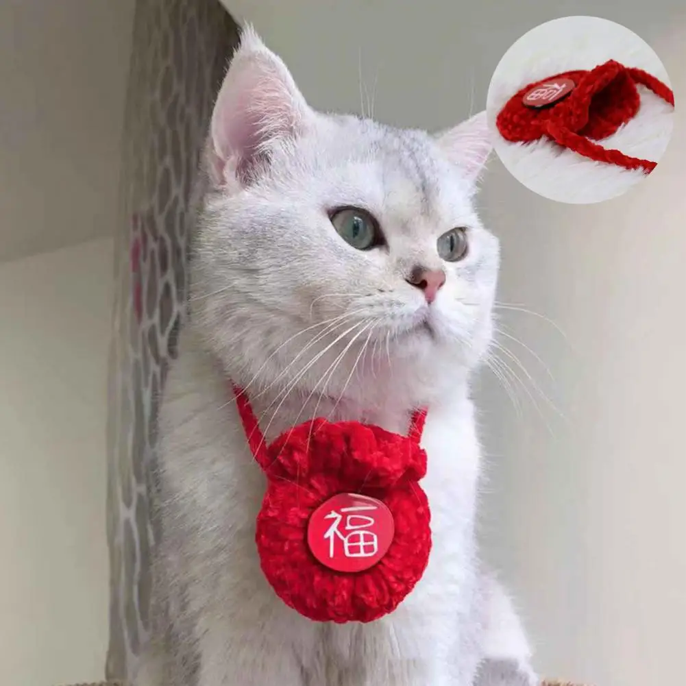 

Pet Collar Cat，Handmade Knitted，Chinese Style，New Year Blessing Bag Design，Unique Pet Cat Jewelry，Holiday Gift，Cat Accessories