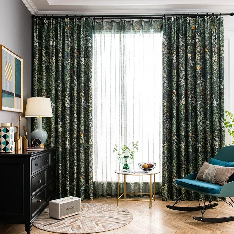 

Forest Plant Cotton and Linen Floor-to-ceiling Window Curtains Green for Bedroom Living Room American Country Pastoral Style