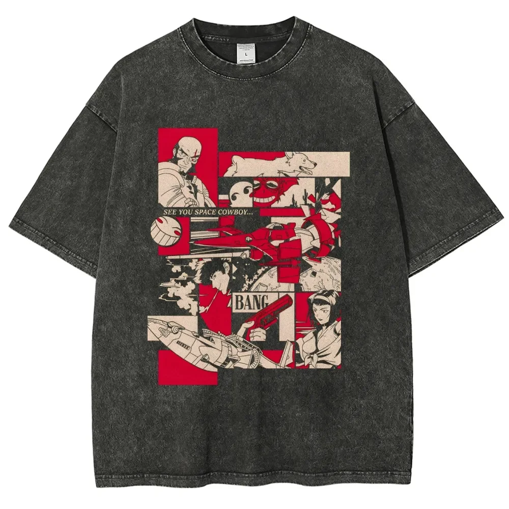 Spike Spiegel Faye Valentine Print T-shirt Cowboy Bebop Clothing Men Women Tshirts Retro Washed T Shirt Harajuku Cotton Tops