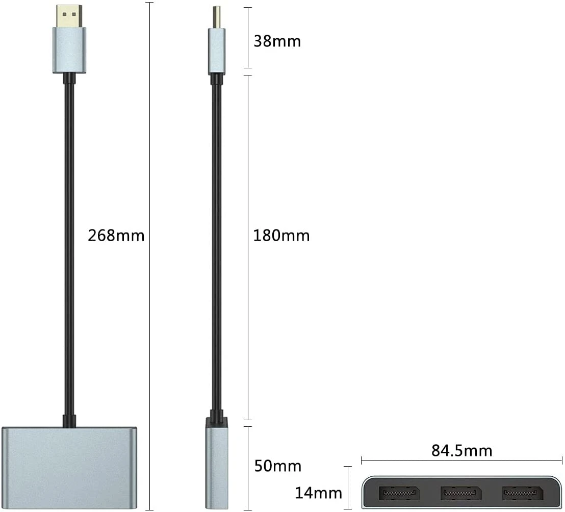 8K DisplayPort 1.4 Splitter 1x3 MST SST Adapter Hub 8K 60Hz 4K 120Hz Multi Monitor Splitter for Extended Display and Mirror Mode