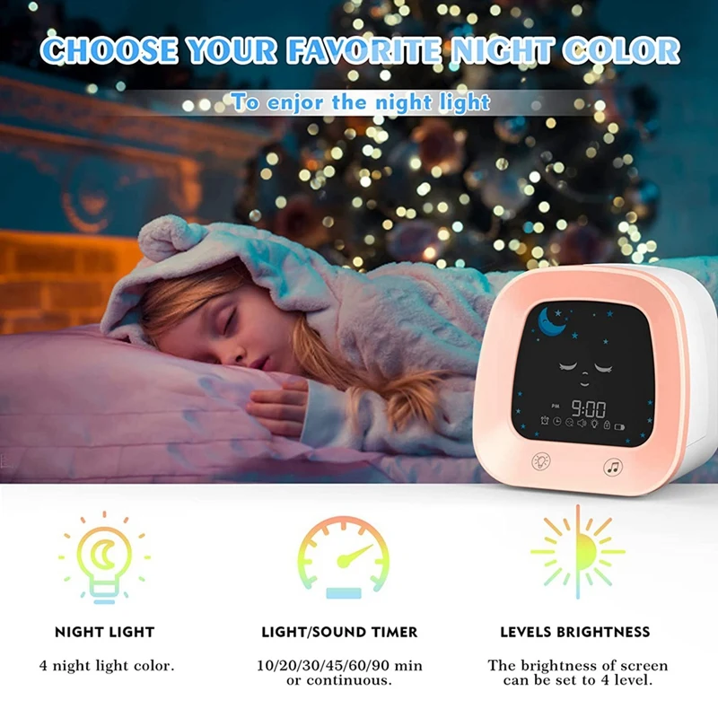 1 Set Alarm Clock For Kids Children\'s Sleep Trainer Clock With 4 Color Toddler Night Light, Sleep Sound Machine Pink