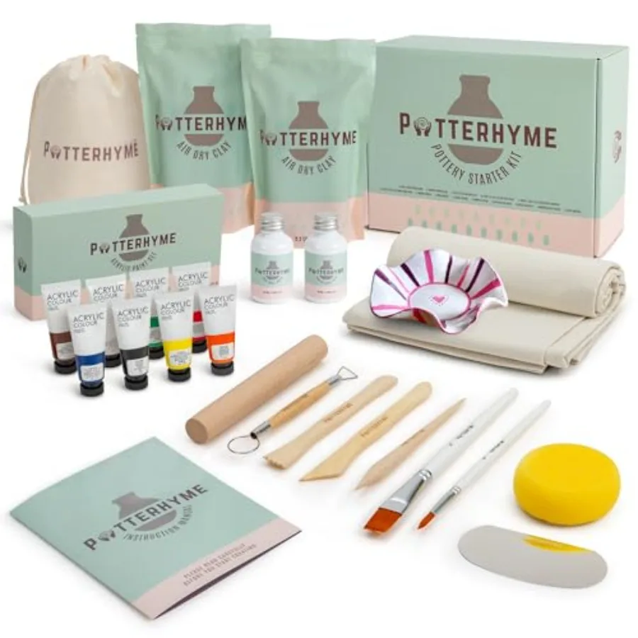 

【Spot goods】Pottery Starter Kit for Adults with Air Dry Clay Complete Deluxe Home Sculpting and Making Set with Tools 8 Paint C