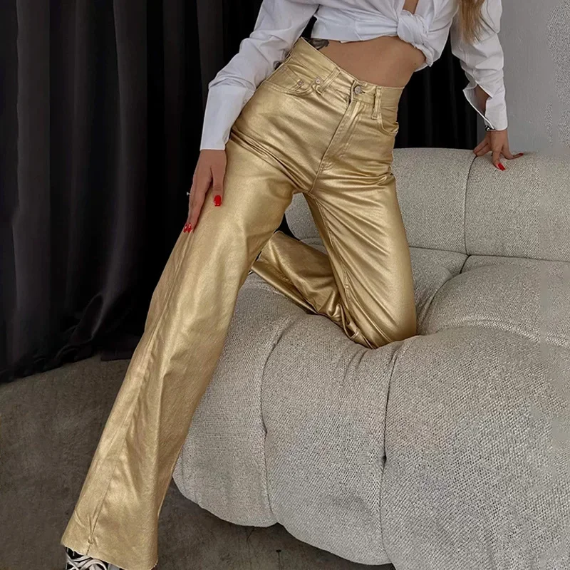 Women\'s New Fashion Silver High Waist Strap Pants Vintage Pockets Elegant Commuting Casual Loose Fit Women\'s Shiny Pants Y2K