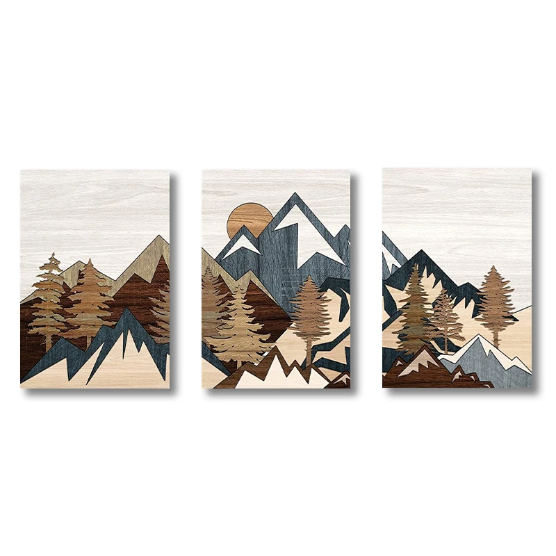 3 PCS Canvas Print Posters Wall Art Wood Panel Effect Mountain Range Top Prints Painting Modern Art Rustic Decor for Living Room