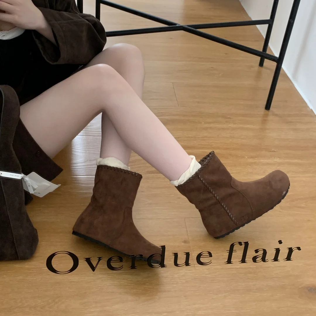 height increasing Shoes Woman casual narrow band Ankle Boot faux suede round toe modern Boots vintage slip on western Boots