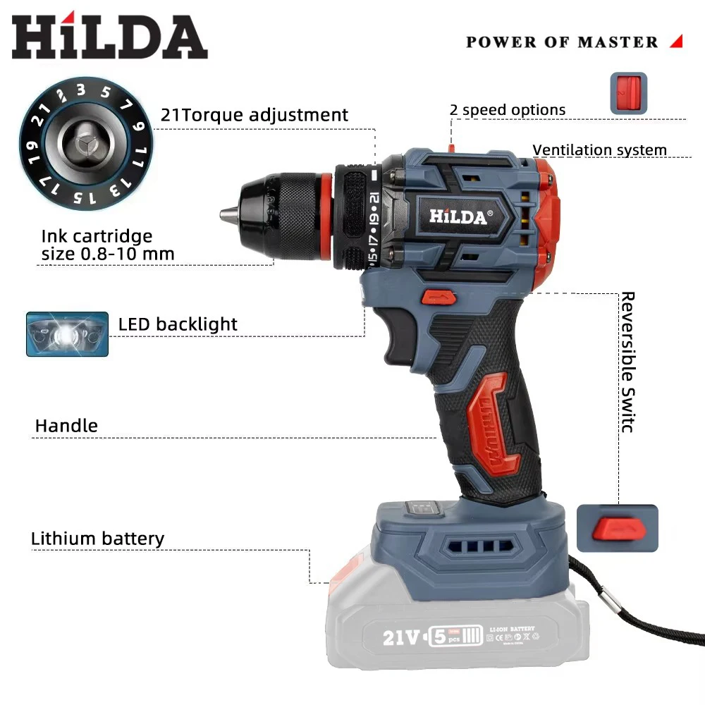 HILDA مثقاب كهربائي احترافي بدون فرش أداة عارية محمولة - مريحة ومتينة بسرعتين تناسب بطارية ماكيتا 21 فولت