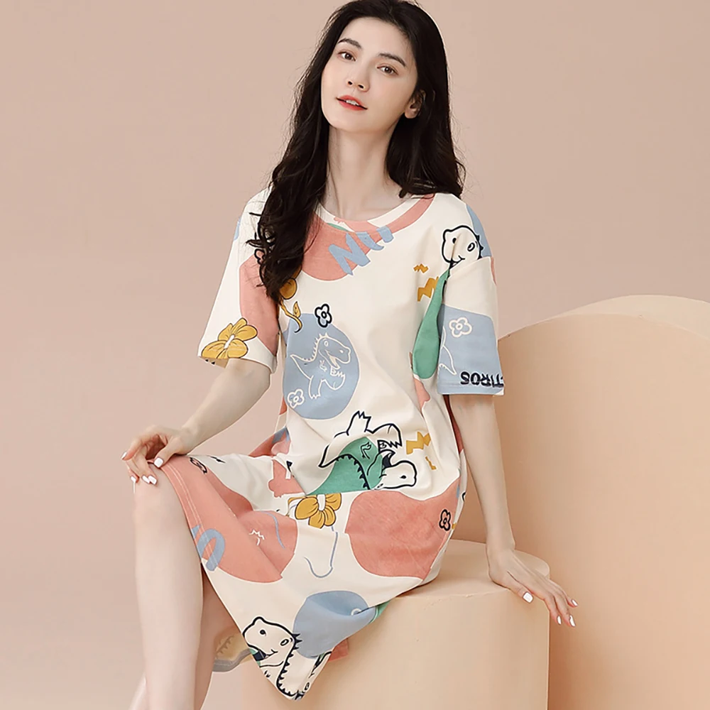 

Summer 100% Cotton Short Sleeve Sleepwear Sweet Cartoon Night Dress New Women Japanese Style Casual O Neck Mini Pajamas Dress