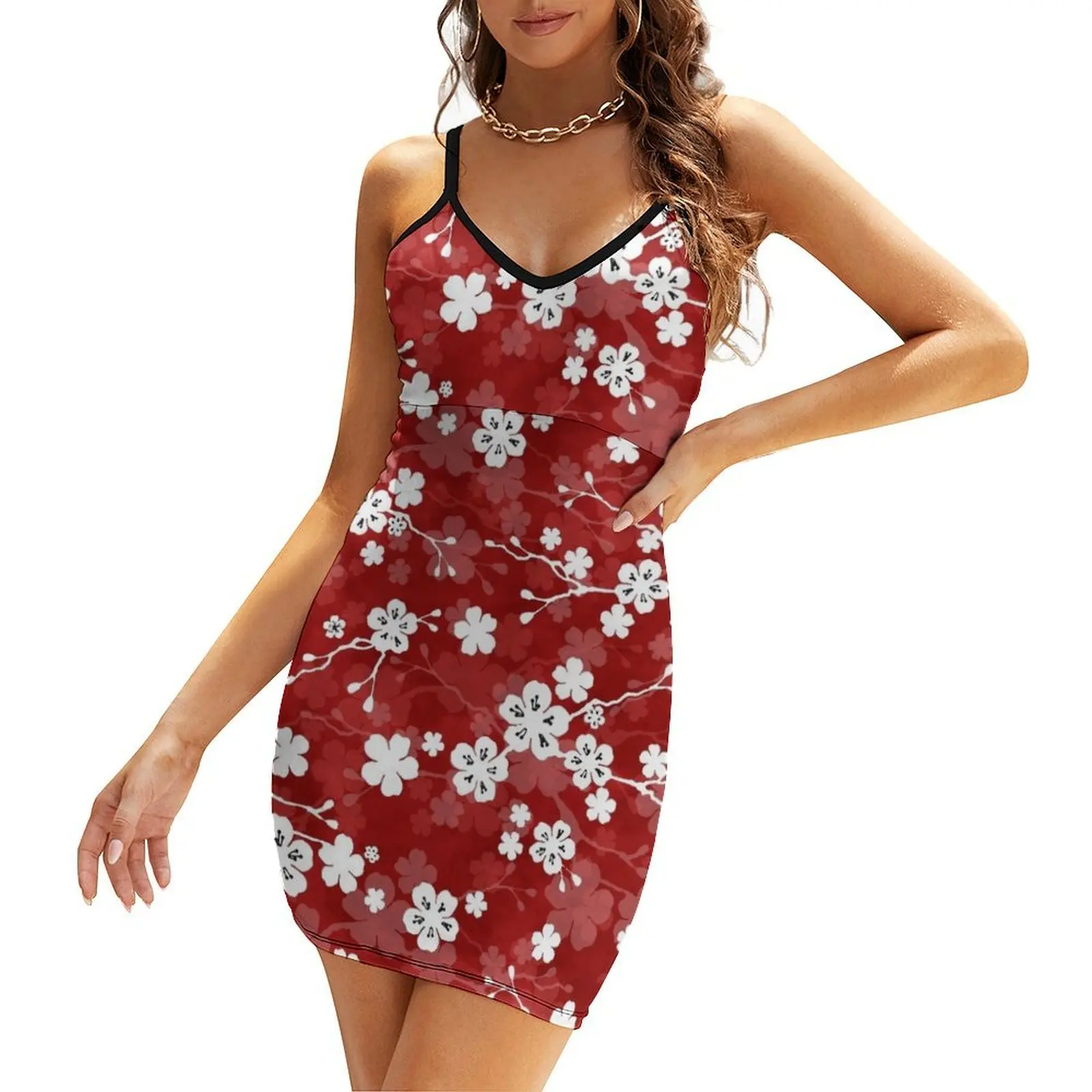 

Red and white cherry blossom pattern Sling Dress women's elegant loose dresses dresses with long sleeves