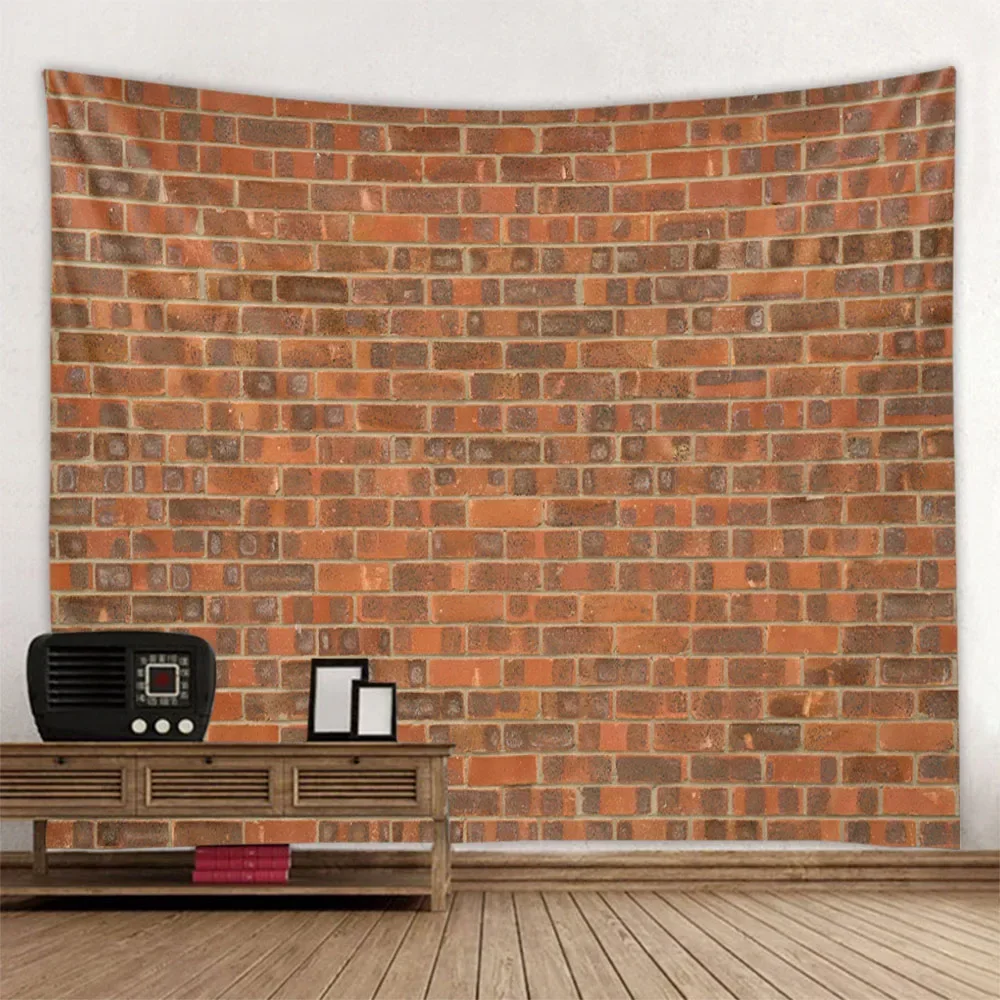 Brick walls, wooden boards, decorative tapestries, wall hanging, colorful stone walls, retro art background, living room bedroom
