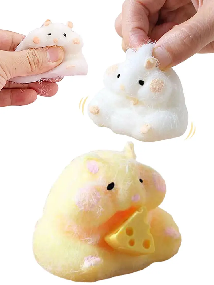 Cute Squishy Hamster Toy with Cheese Desktop Decor Funny Stress Reliever Decompression Fidget Toys for Teens Kids Gifts