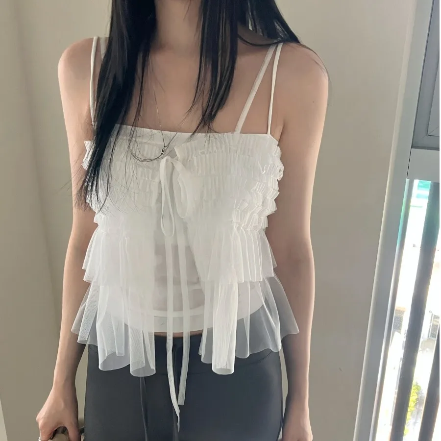 Chic Summer Design Off-Shoulder Mesh Overlay Strap Vest Women's Outerwear Base Shirt Layered Tulle Splice Belted Casual Top
