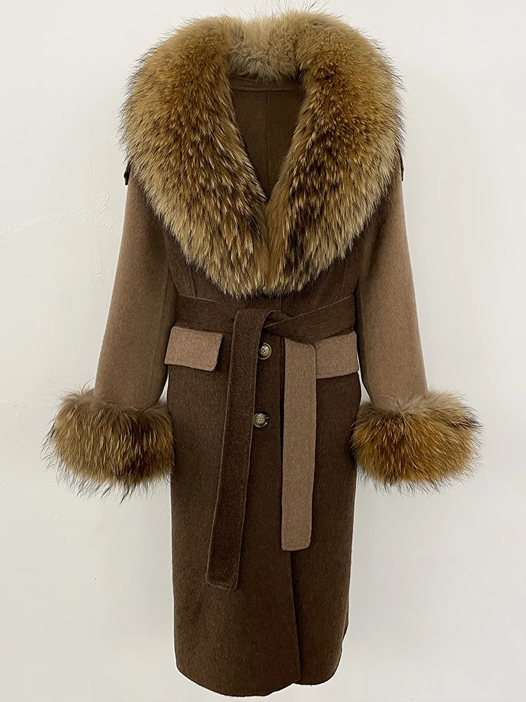 

New Fashion Fur Winter Clothes Women Patchwork Double-faced Cashmere Wool Jacket Real Fox Fur Collar Woolen Coat Female