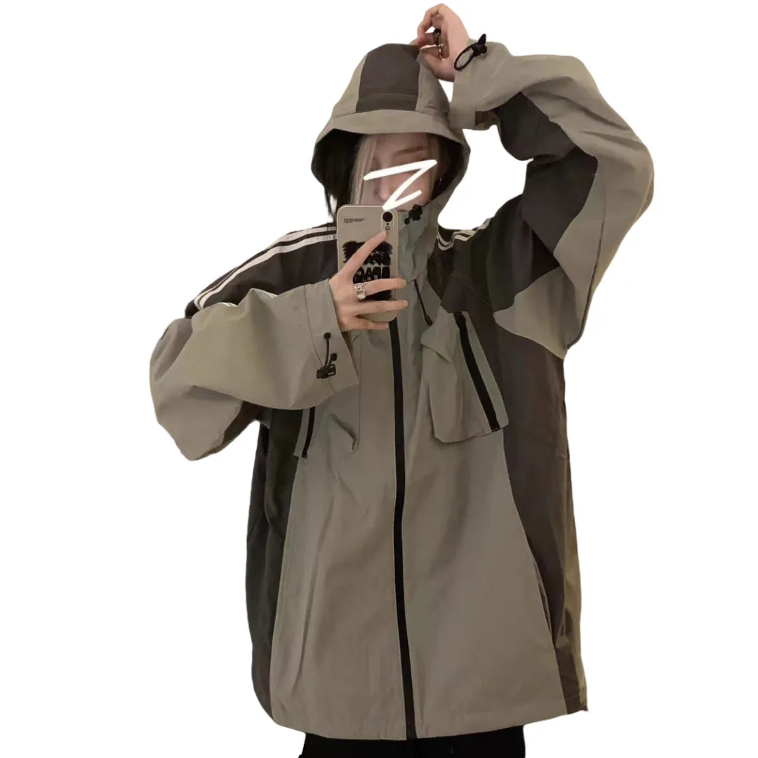 Unisex Spring Autumn Trendy Brand Contrast Color Patchwork Jacket Loose Fashion Techwear Cargo Hooded Windbreaker