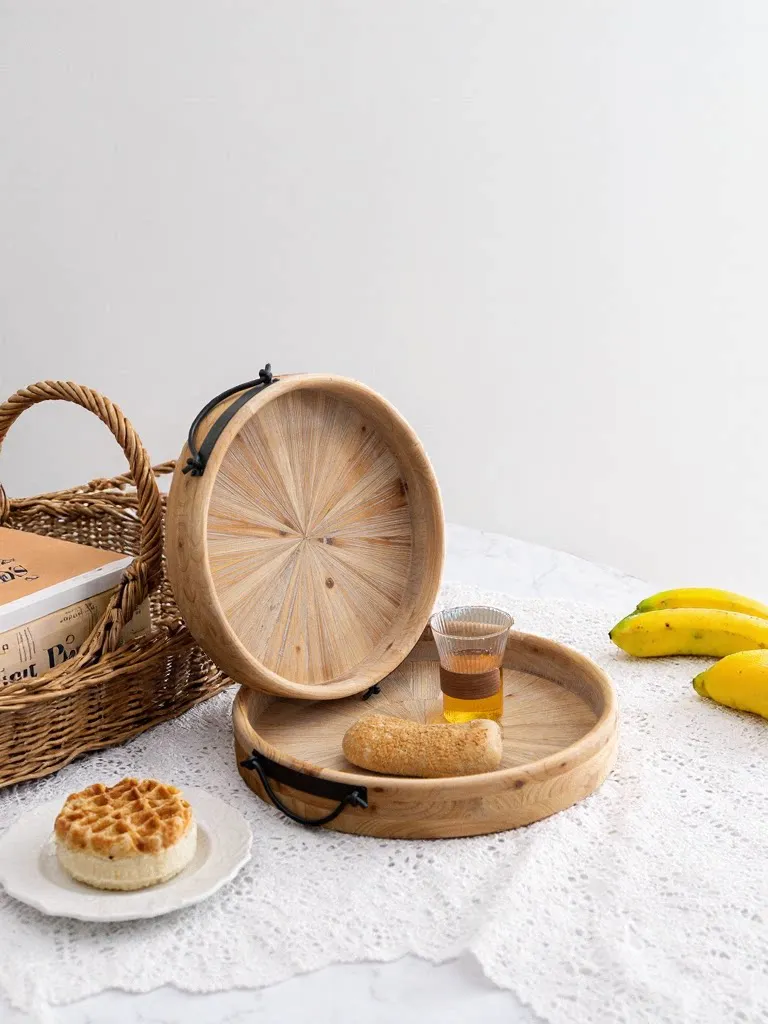 Solid wood circular tray Retro creative household dining plate, wooden plate, tea tray, snack pastry plate, storage tray