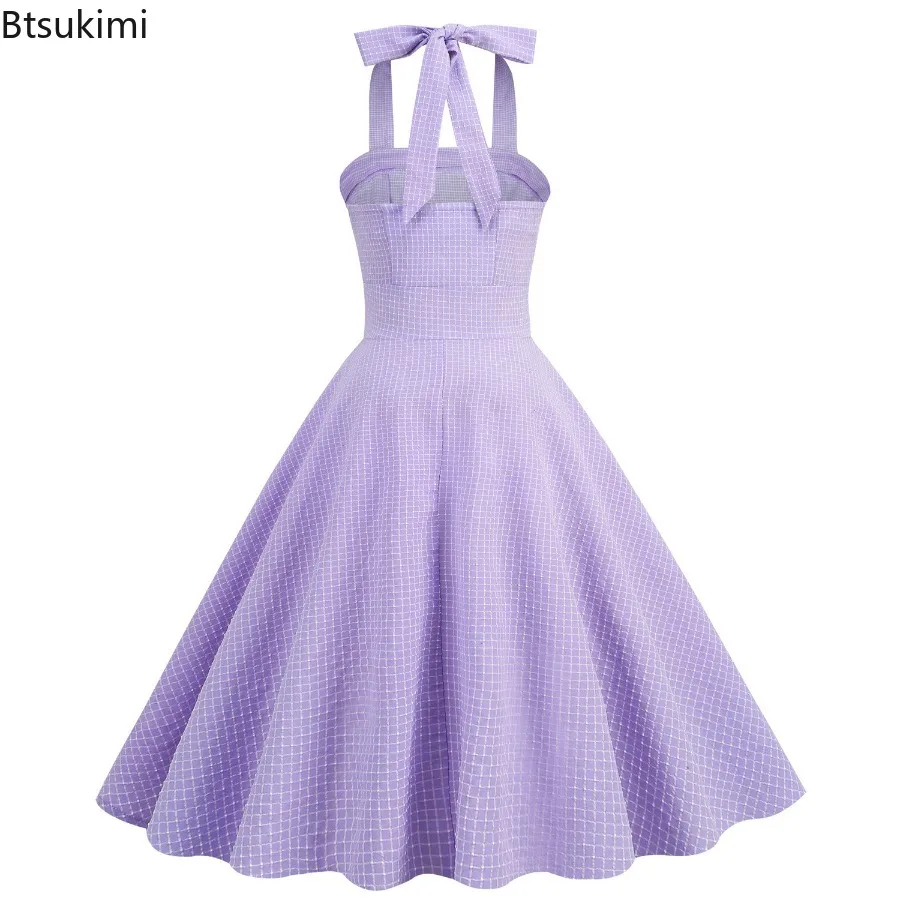 2025年新作 レディース ヴィンテージ ホルターネック ドレス 夏 小さな格子柄 レトロ カジュアル ビッグスカート ヘム ドレス ロカビリー カクテル パーティー ドレス