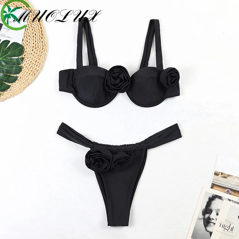 

MUOLUX Women Swimwear 3D Flower Bikini Set Lace Up Sexy Swimsuit 2024 New High Waist Swimsuit Micro Extreme Bikini Beach Wear