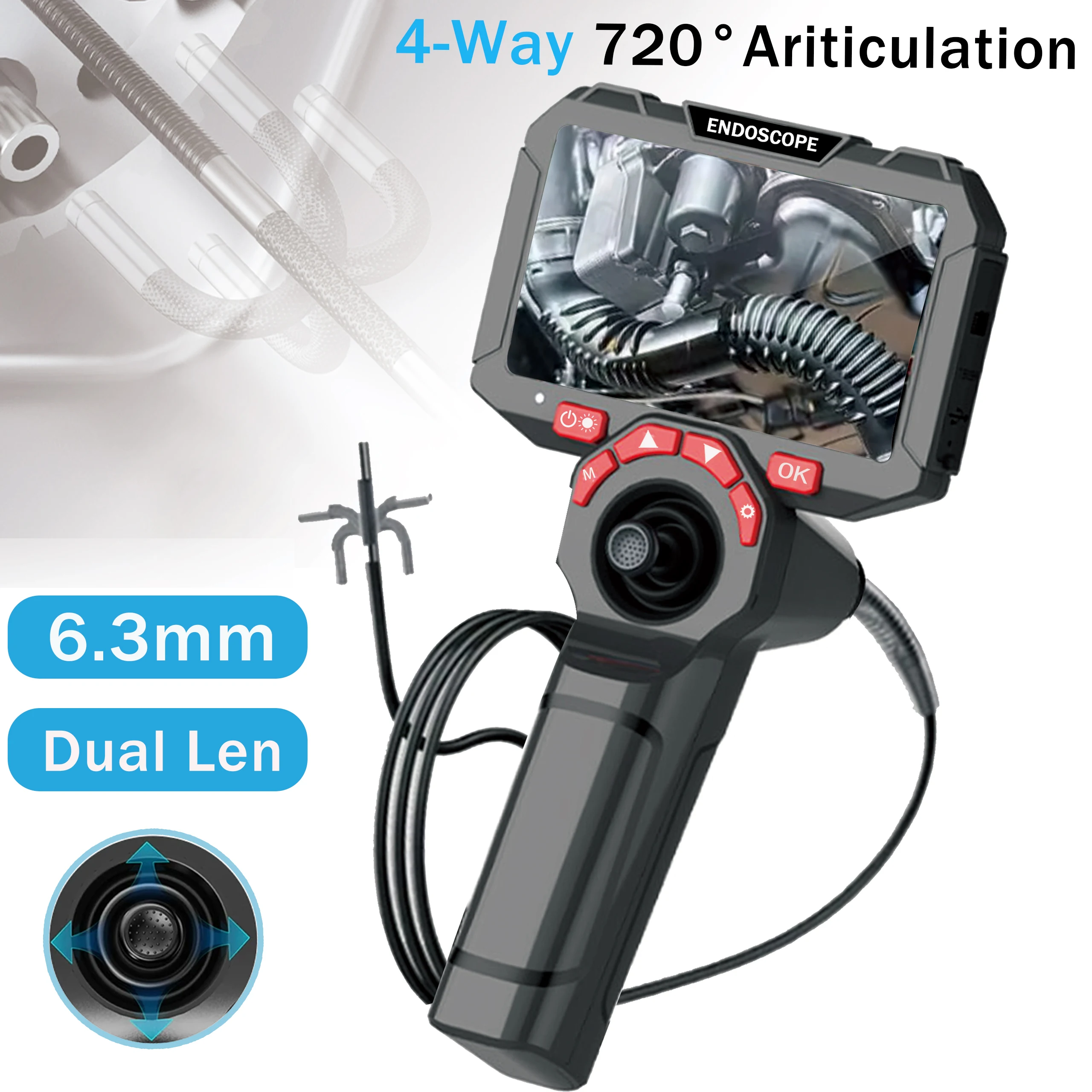 

6mm720 Degrees All Way Steering Industrial Endoscope for Car Pipe Inspection Sewer Camera Borescope With 4.5 Inch Screen