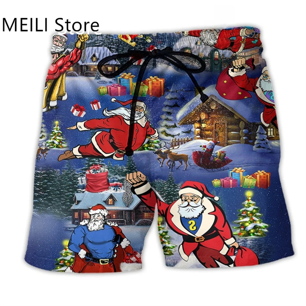 Pantalones cortos para hombre, Feliz Navidad, Papá Noel, estampado 3D, divertidos pantalones cortos de Navidad Unisex Y2k, traje de baño hawaiano de verano, bañadores para Surf