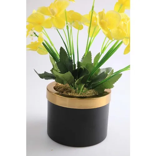 Kibrithane Flower Artificial Flower Metal Flower Pot Mini Yellow Fabric Orchid KC00200797