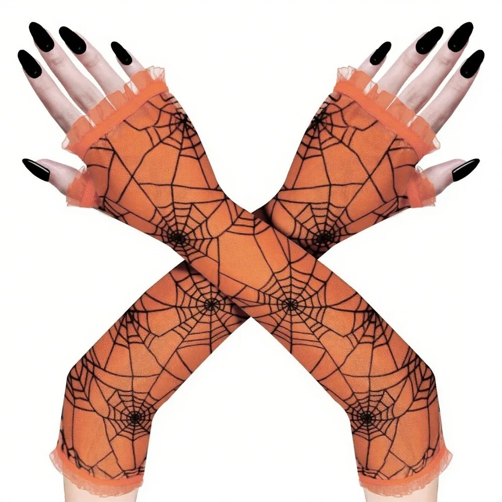 

Funny Thin Halloween Gloves Gothic Lolita Spider Web Gloves Long Half-Finger Mesh Mitten Party