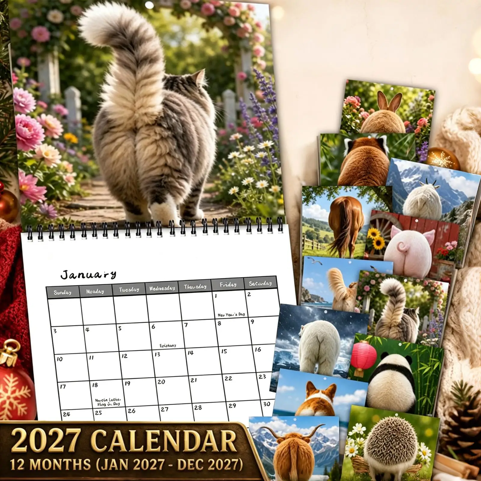 Funny Animal Butts Wall Calendar 2027 Cute 12 Month Hanging Monthly Planner Rustic Wall Decor For Home School Office Gag Gift