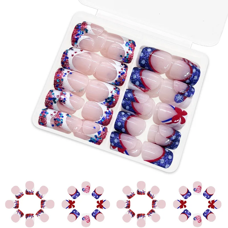 48pcs Y2k Short False Nails American Independence Day Striped Stars Print Fake Nail Tips Wearable Mix Pattern Press on nails