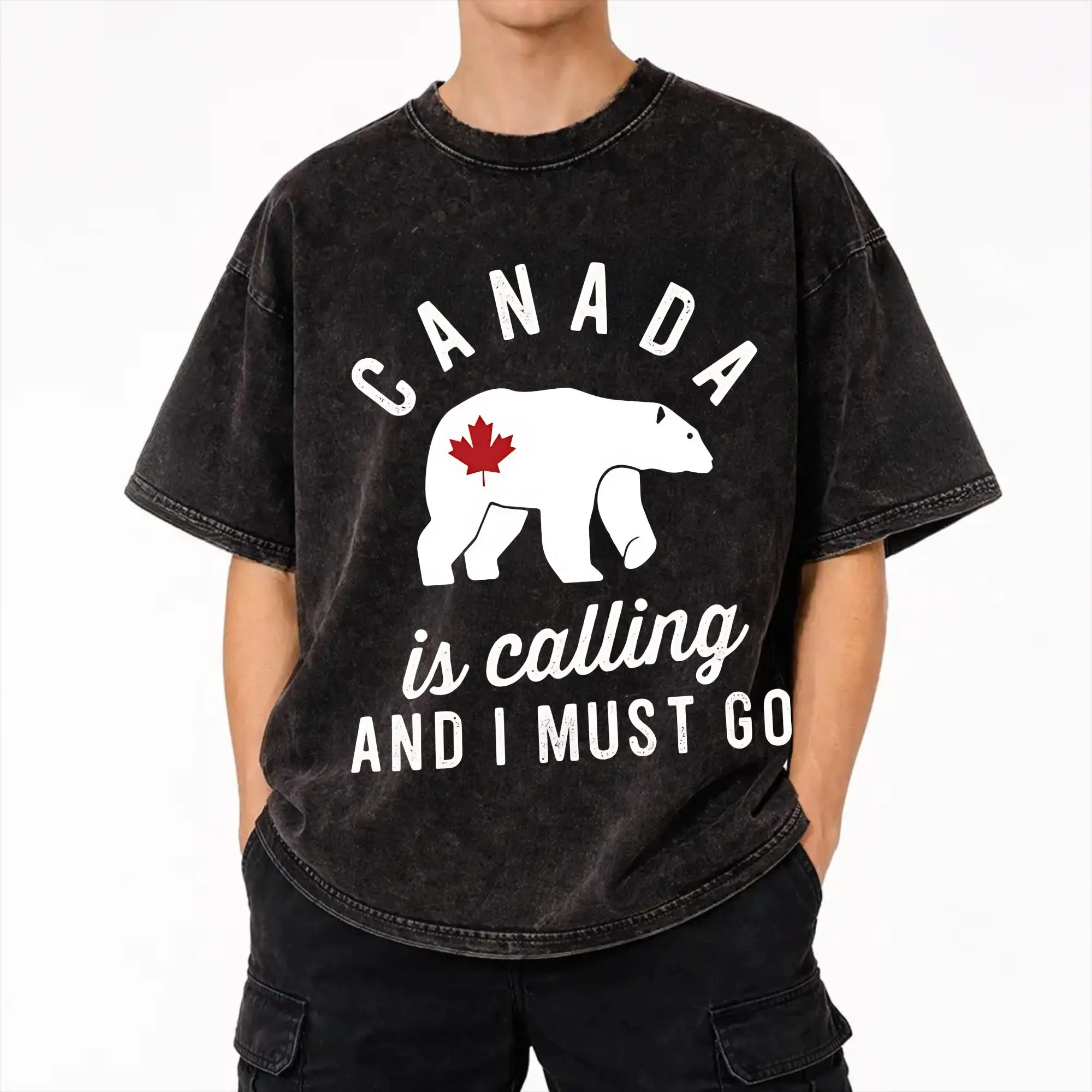 Graphic Printed  Funny Canada Is Calling and I Must Go Flag  Washed T Shirts Merch Harajuku T-Shirt  Men Women Tee