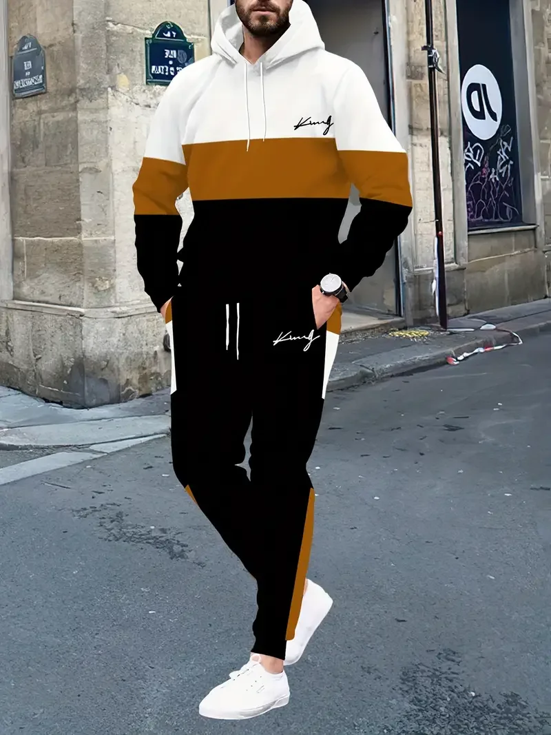 الرجال كتلة اللون 2 قطعة ثلاثية الأبعاد طباعة مقنعين البلوز Sweatpants مجموعة الخريف/الشتاء فضفاض عادية اللياقة البدنية في الهواء الطلق ملابس رياضية