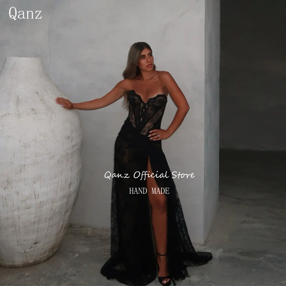 

Qanz Black Lace Appliques Prom Dresses Sexy High Slit Mermaid Evening Dress Sweetheart Sleeveless Robe De Soiree Customized