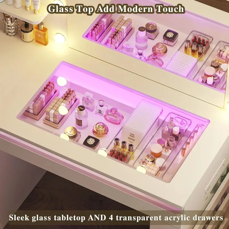 Lighted Mirror Glass Top Vanity Desk RGB 4 Clear Drawers Power Outlet 3-Tier Shelves Bedroom Storage, Customized