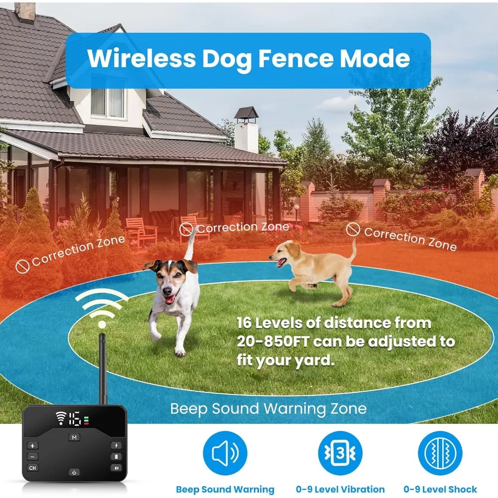 Wireless Electric Fence for Dogs, 2-in-1 Electric Dog Fence & Remote Training Collar, Pet Containment System