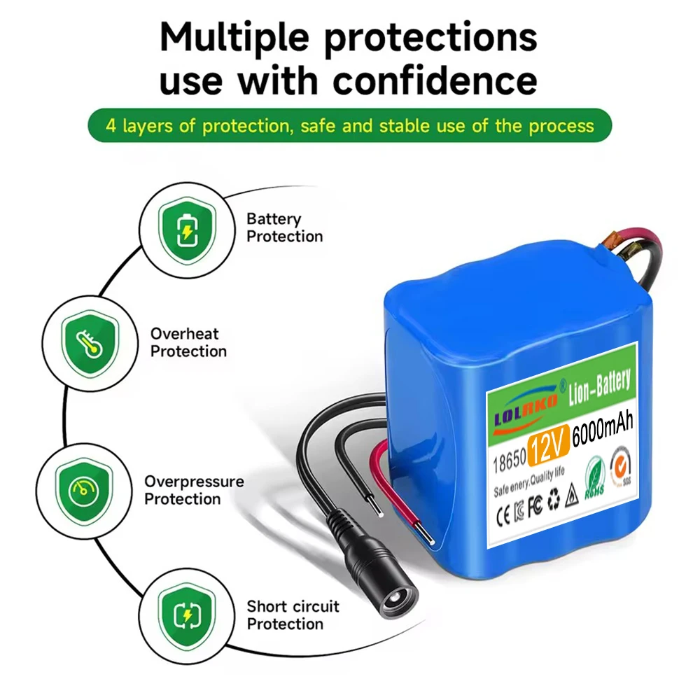 12V 6Ah Rechargeable Lithium Battery Pack 6000mAh Portable Battery for 12V Devices, RC Car, Boat, Robot, LED,12V DlY device