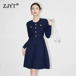 ZJYT Runway Designer Elegant Women's Knitted Sweater Dresses for Autumn Winter 2024 Long Sleeve Crystal Buttons Pleated Dress