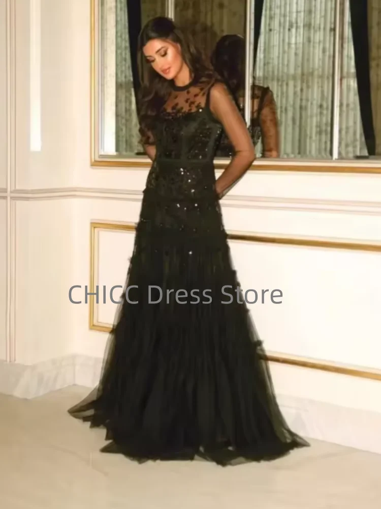 Saudi Evening Dresses Long Sleeves Prom Dresses Black Lace Bead O-Neck Floor Length Tulle Party Gown Customized robes de soirée